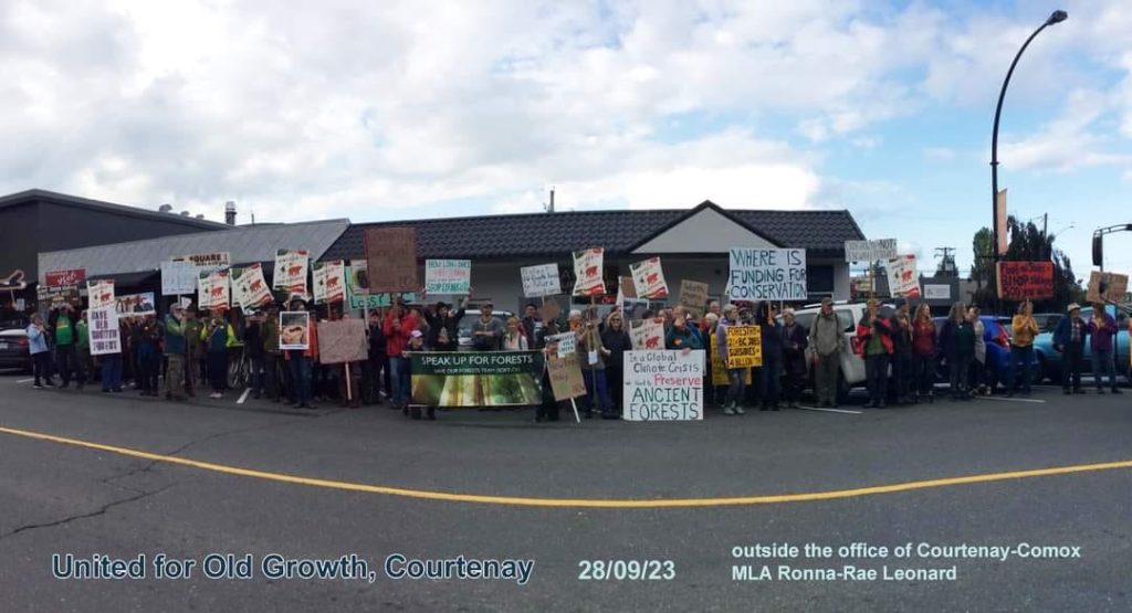 Protesters stand in a line holding signs. The signs say things such as 'where is funding for conservation? and "preserve ancient forests"