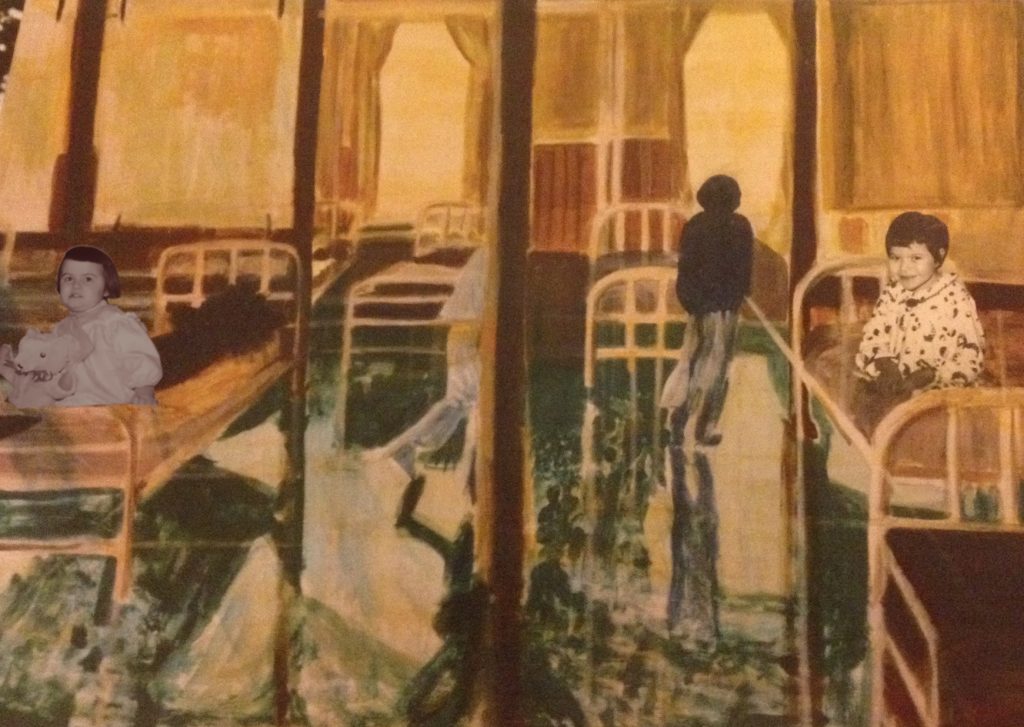 A painting depicts two girls on hospital beds in a room, with a dark figure in the background