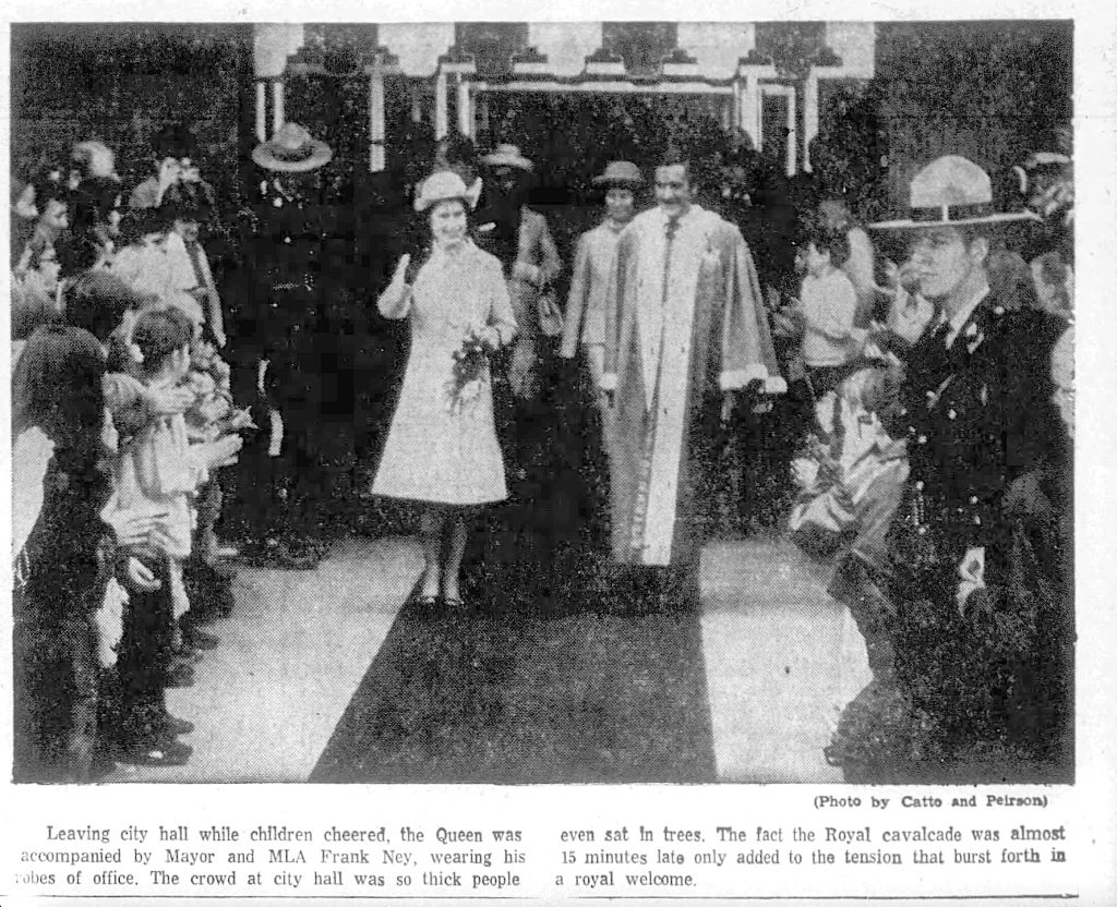 An old newspaper clipping from 1971 shows Queen Elizabeth and Mayor Frank Ney walking together during her visit to Nanaimo