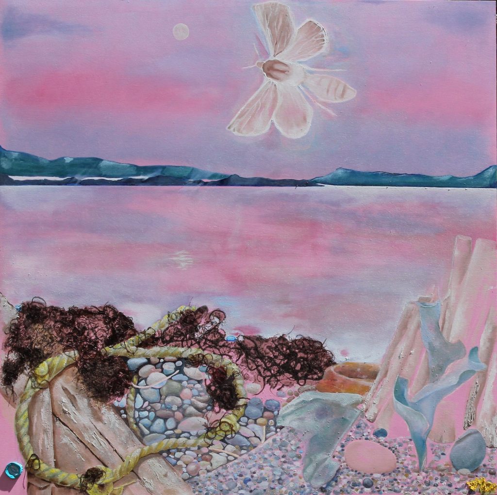 Oil Painting of Goose Spit with moth in sky and rope along shore.