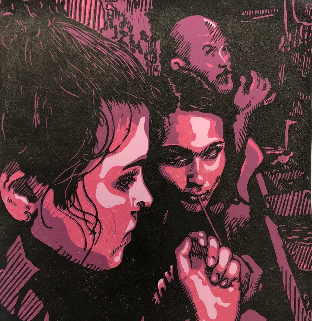 A pink and black linocut print shows a family in a restaurant