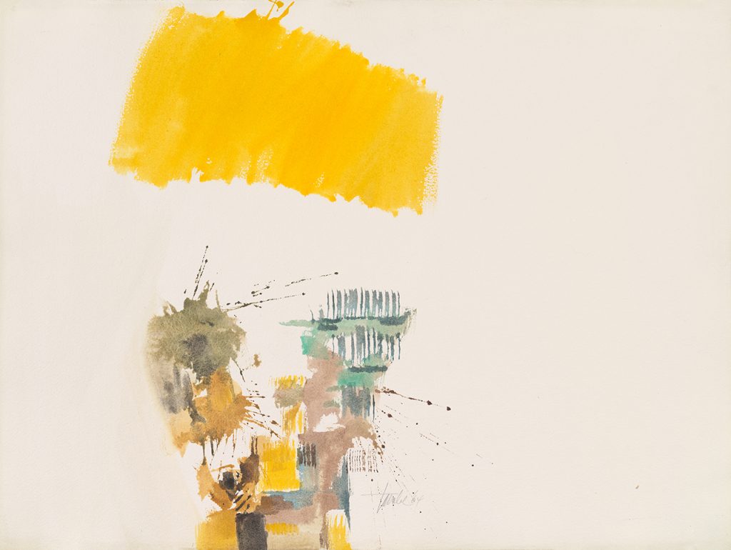 An abstract painting shows a stripe of yellow over a cluster of other colours below