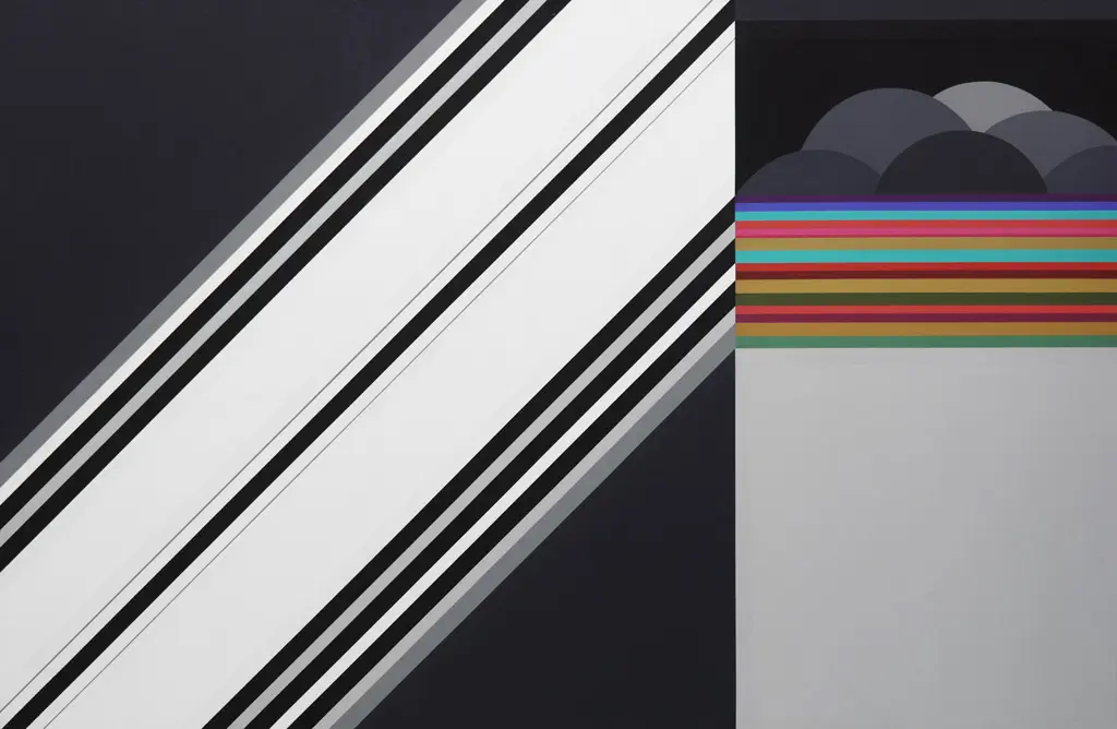 A side image of grey and black lines is flanked by clouds over a flat rainbow-style image