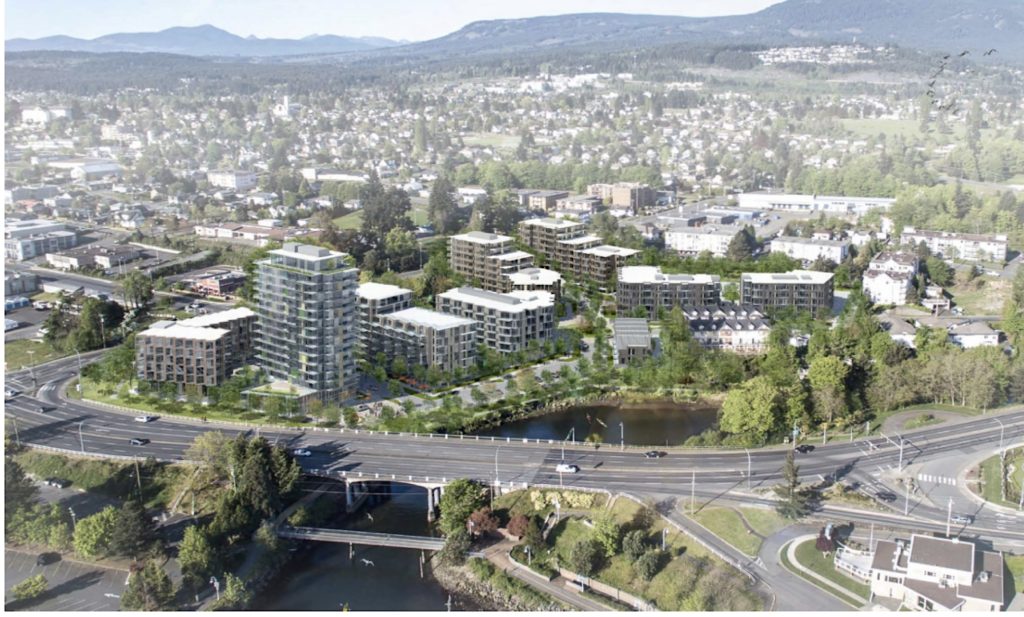 An architect’s rendering of the proposed development that shows apartment complexes along the river.