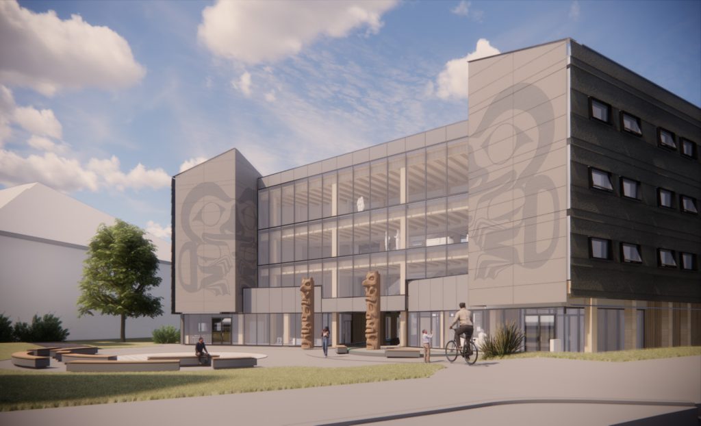 A rendering of the new North Island College building featuring K’ómoks First Nation artist Pamela Mitchell's mural.