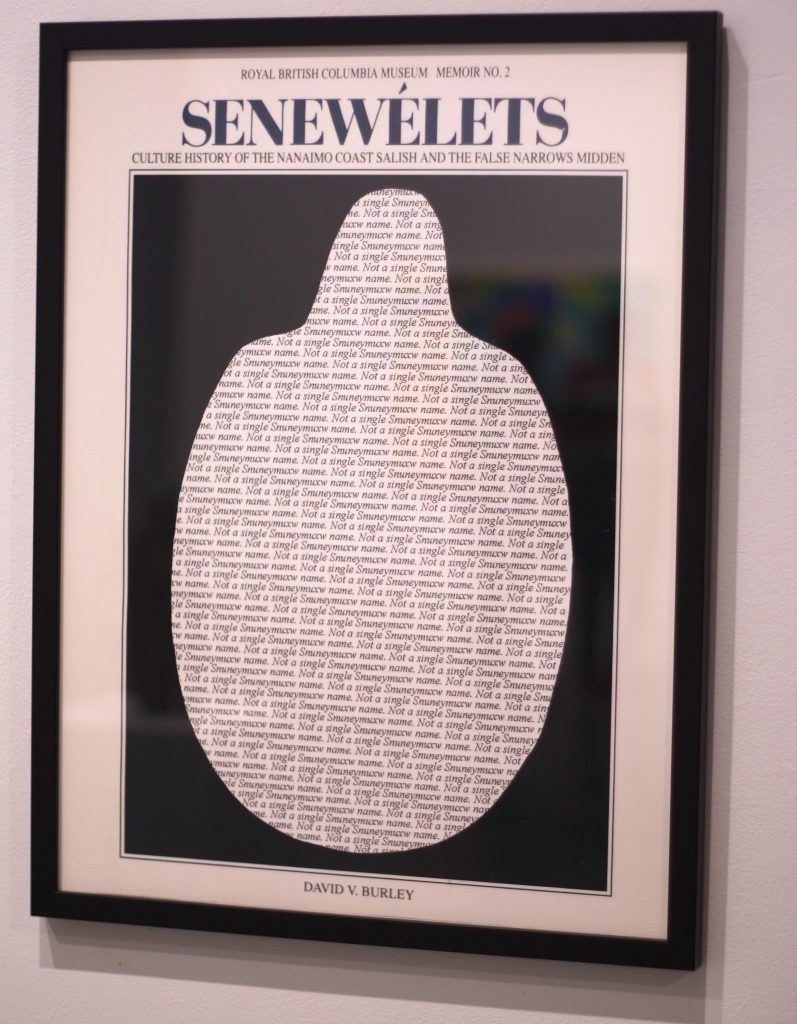 a report cover has the beetle pendant photo removed and replaced with the phrase "Not a Single Snuneymuxw name"