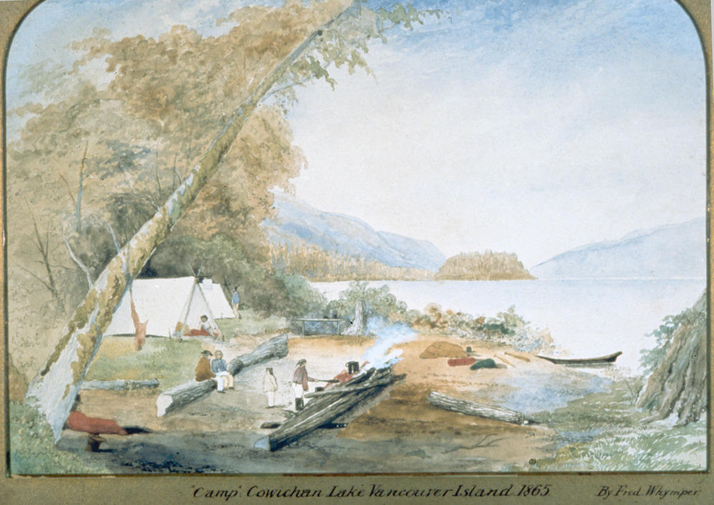 Painting of 1864 Vancouver Island Exploring Expedition’s camp at Lake Cowichan shows a canoe on a beach, people sitting on logs and tents
