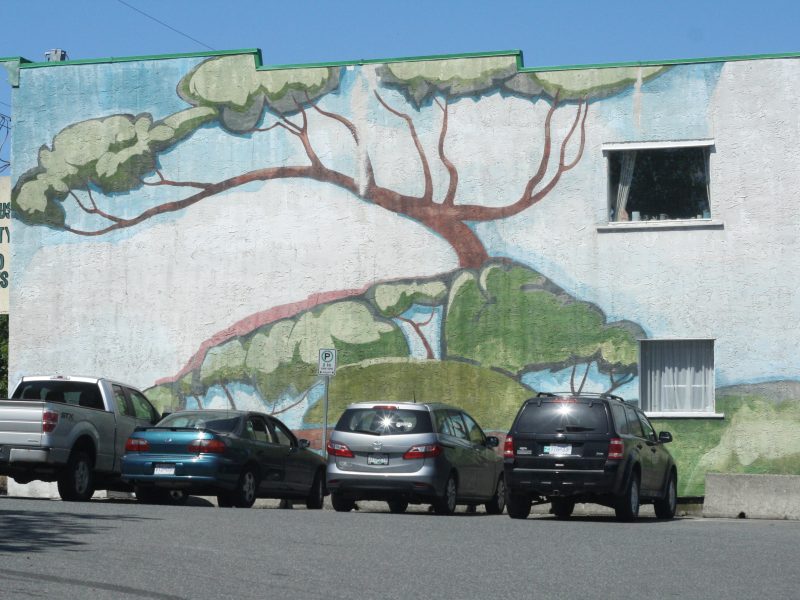 A mural featuring a stylized arbutus tree has cars parked in front of it