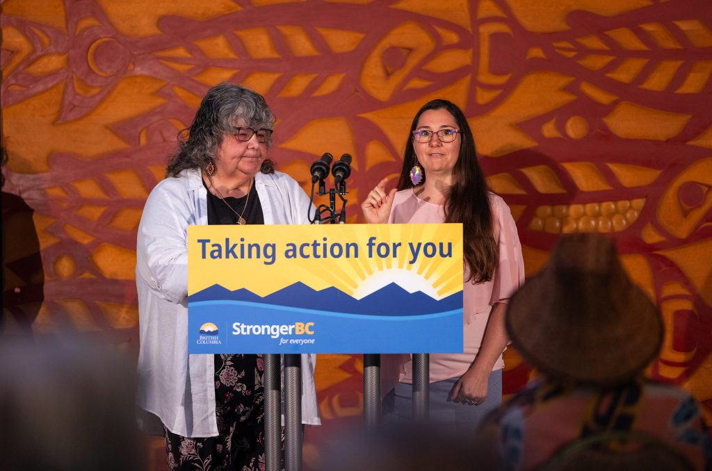 Two women stand at a podium that reads 'taking action for you'