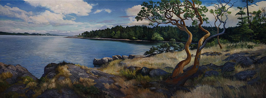 A seascape painting depicts a cloudy sky, a rocky shore and a twisting arbutus tree.