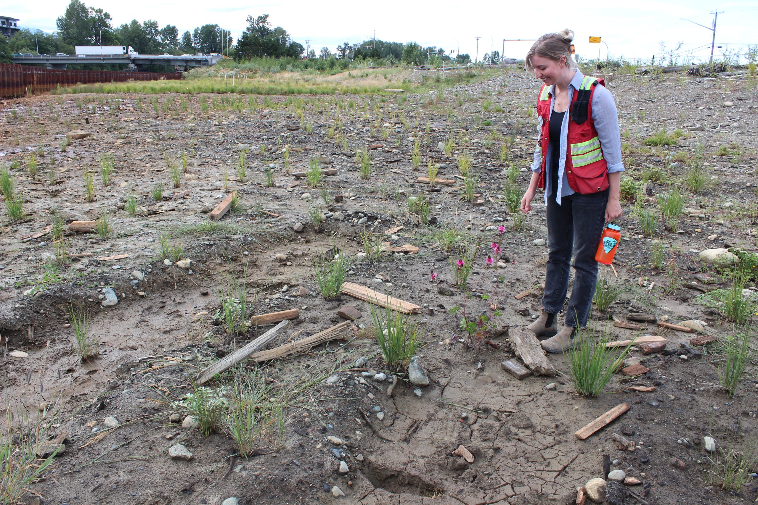 A woman in a high viz vest stands in a muddy shoreline area and points at some pink flowers blooming. She is smiling. The flowers are surrounded by wild grasses growing through the mud.