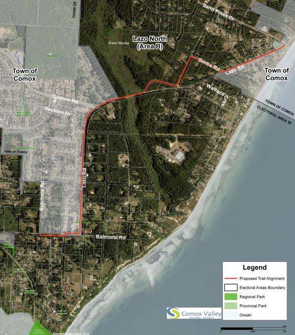 Aerial view of part of the Town of Comox and part of the Comox Valley Regional District. A red line displaying the multi-use path route follows balmoral Road and then turns down Lazo Road, ending at Sand Pines Drive.