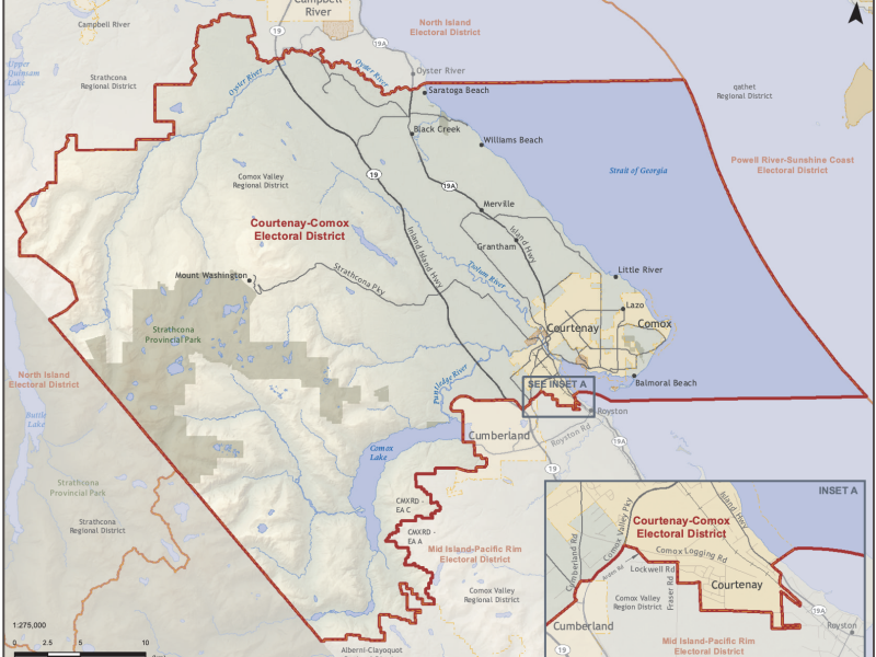 Aerial view of Courtenay-Comox electoral district, which covers the City of Courtenay and the Town of Comox and extends north to Saratoga Beach, encompassing smaller communities like Merville and Black Creek and extending east to Mount Washington.