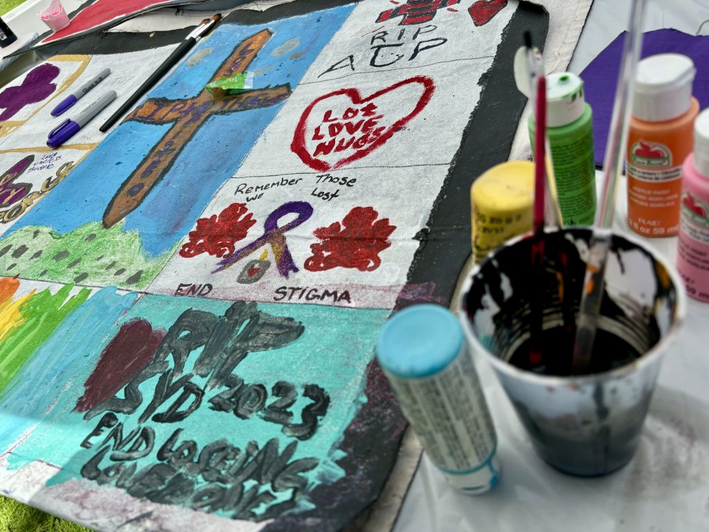 A close up of paintings from an art project at a Cowichan Valley overdose awareness day event. They say things like "remember those we lost," "end stigma," "RIP AJP."