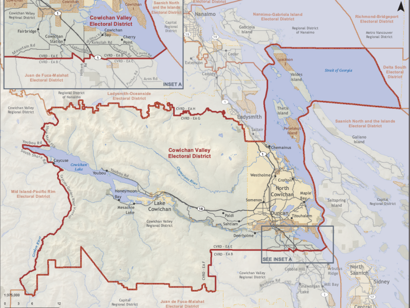 A map of the Cowichan Valley Electoral Area District for the 2024 provincial election.