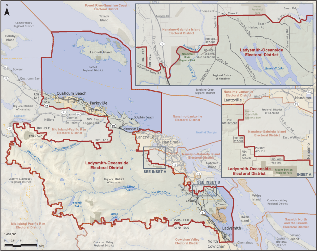 A map of the Ladysmith-Oceanside Electoral Area boundaries for the 2024 provincial election.