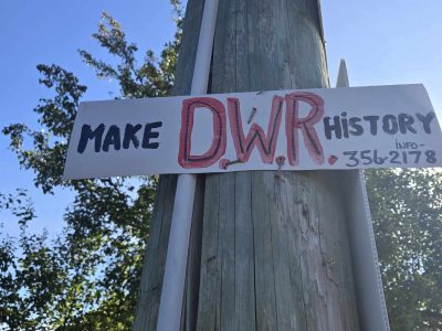 Sign on telephone pole that says 'Make DWR history.' Then in the bottom right corner it says: 'Info 356-2178'