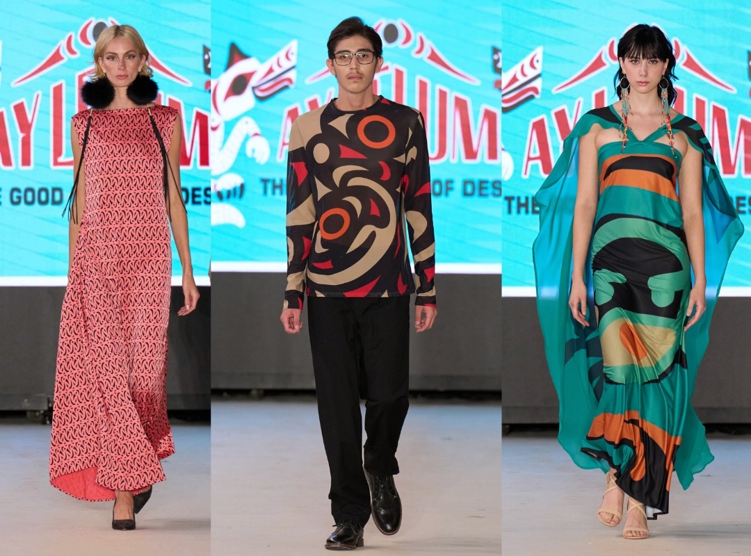 Three images, side-by-side, of individual models walking down a runway wearing designs from the Your Spirit collection by Ay Lelum as a tribute to Joel Good.